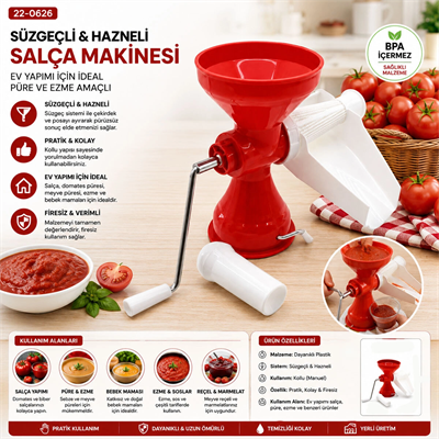 Plastik Süzgeçli - Hazneli Salça Makinesi  Metal Kollu Ev Yapımı Firesiz Pratik Kullanım Brkt-312007 Bx40