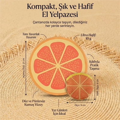 Portakal Dilimi Desenli Katlanabilir Cep Yelpazesi - Kılıflı Yuvarlak Kumaş El Yelpazesi Bx40