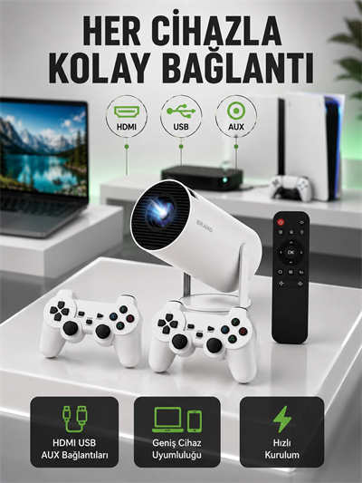 Portatif 4K Projeksiyon – 4.000 Uygulama, Kablosuz Yansıtma ve Bluetooth 5.0 Yeni Nesil