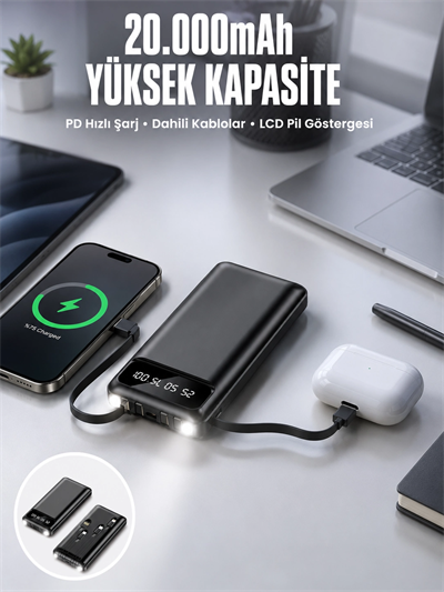 Powerbank 20.000 Mah Dijital Göstergeli LCD Ekran Uzun Pil Ömrü Yeni Nesil