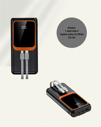 Powerbank 20000 mAh | 22.5W Hızlı Şarj, Dahili Kablolu, LCD Ekranlı Şarj Cihazı
