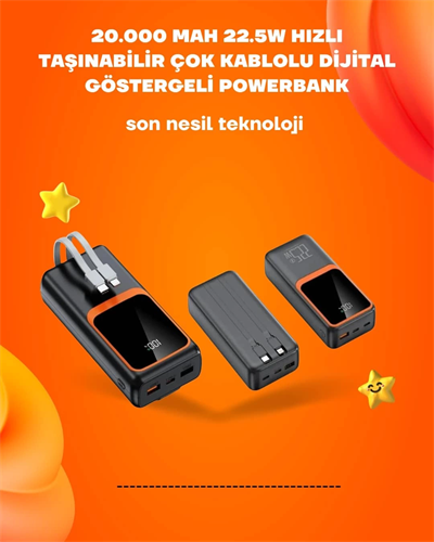 Powerbank 20000 mAh | 22.5W Hızlı Şarj, Dahili Kablolu, LCD Ekranlı Şarj Cihazı