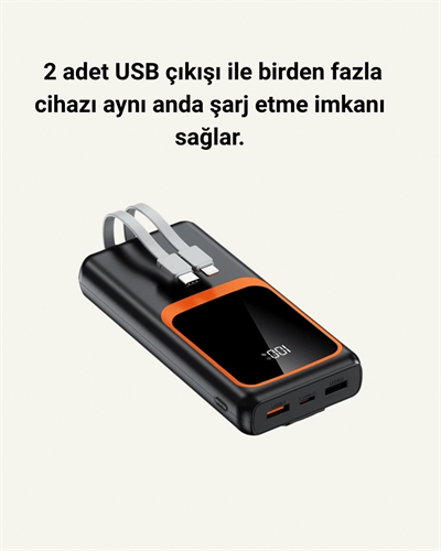 Powerbank 20000 mAh | 22.5W Hızlı Şarj, Dahili Kablolu, LCD Ekranlı Şarj Cihazı