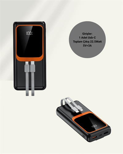 Powerbank 20000 mAh | 22.5W Hızlı Şarj, Dahili Kablolu, LCD Ekranlı Şarj Cihazı