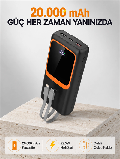 Powerbank 20000 mAh 22.5W Hızlı Şarjlı ve Kompakt Çoklu Kablo Çıkışlı