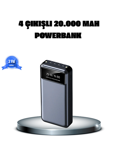 Powerbank 20000 mAh 4 Çıkışlı Hızlı Şarjlı ve LED Göstergeli