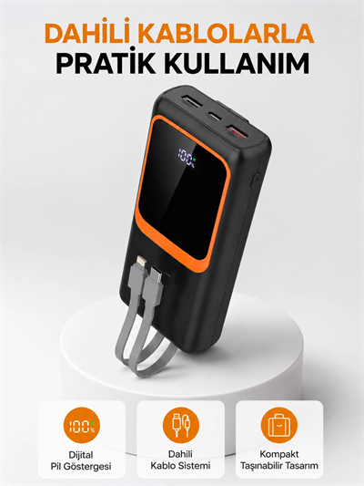 Powerbank 20000 mAh Dijital Ekranlı ve Çok Kablolu Hızlı Şarj Cihazı