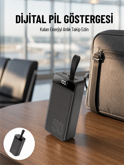 Powerbank 50.000 Mah Dijital Göstergeli Taşınabilir 4 Portlu Hızlı Powerbank Yeni Nesil