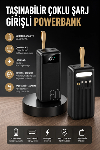 Powerbank 60.000 MAH 4 Portlu Uzun Şarj Süreli Dijital Göstergeli