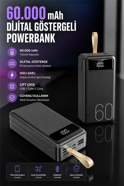 Powerbank 60.000 Mah Hızlı Şarj 4 Çıkışlı Uzun Şarj Süreli Dijital Göstergeli