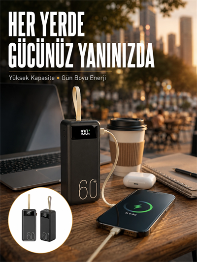 Powerbank 60.000 Mah Taşınabilir Şarj Hızlı El Fenerli Dijital Göstergeli Yeni Nesil