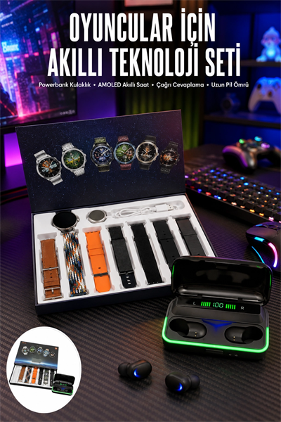 Powerbank Bluetooth Kulaklık Ve Akıllı Saat 7 Kordonlu Metal Kordon Plastik Kordon