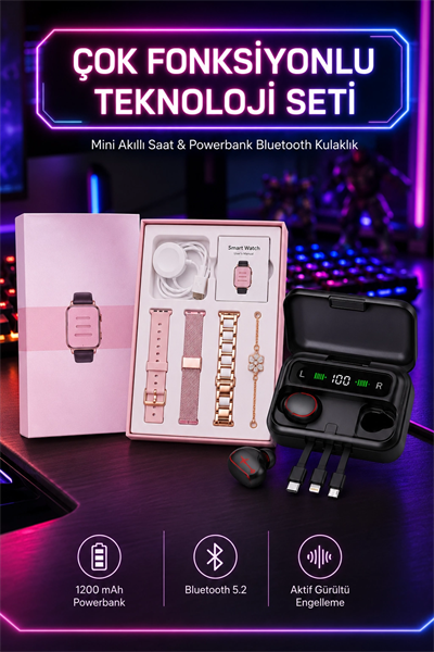 Powerbank Özellikli Bluetooth Kulaklık ve Nabız Ölçer Akıllı Saat Bileklik Hediyeli