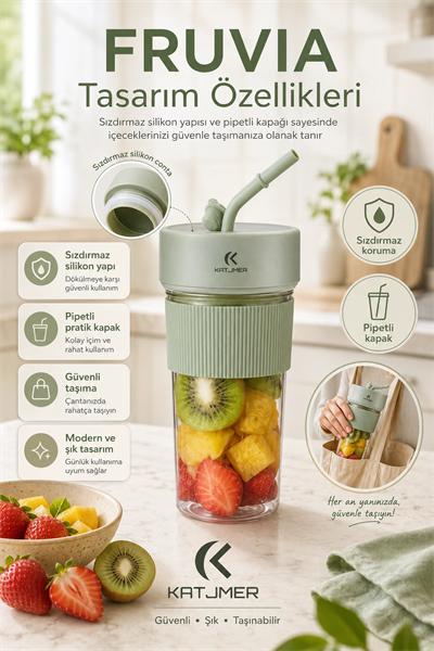 Pratik Kullanımlı Şarjlı Meyve Suyu Blenderı Kapaklı Pipetli Smoothie Hazneli