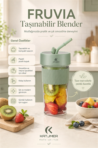Pratik Kullanımlı Şarjlı Meyve Suyu Blenderı Kapaklı Pipetli Smoothie Hazneli