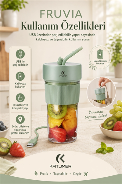 Pratik Kullanımlı Şarjlı Meyve Suyu Blenderı Kapaklı Pipetli Smoothie Hazneli