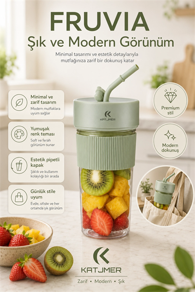 Pratik Kullanımlı Şarjlı Meyve Suyu Blenderı Kapaklı Pipetli Smoothie Hazneli