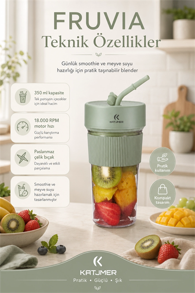 Pratik Kullanımlı Şarjlı Meyve Suyu Blenderı Kapaklı Pipetli Smoothie Hazneli
