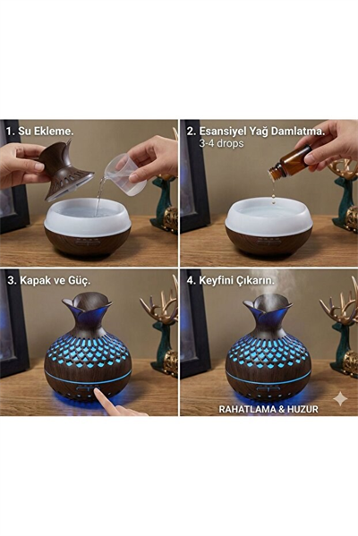 Premium Ahşap Desenli Ultrasonik Aromaterapi Difüzör & Hava Nemlendirici