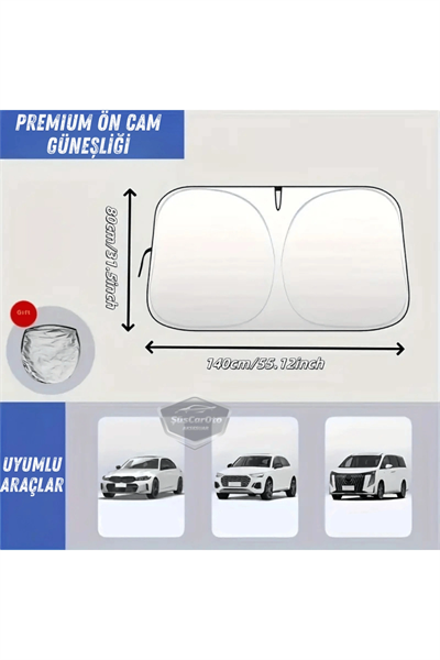 Premium Katlanır Oto Ön Arka Cam Güneşliği Metalize Isı Yalıtımlı Çantalı 150x70cm