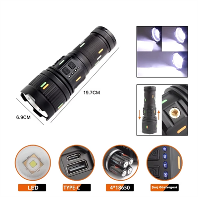 Pro F-3001 Alüminyum Tg Led Güç Göstergeli Type-c Şarjlı El Feneri 100 W