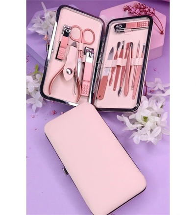 Profesyonel Çantalı Tırnak Bakım Manikür Seti Pembe Renk 12 Parça