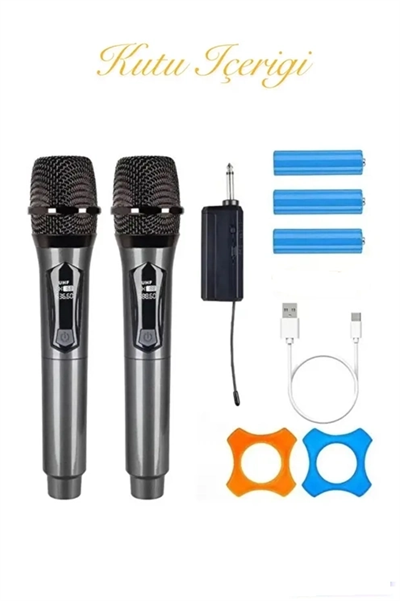 Profesyonel Çiftli Kablosuz Mikrofon Seti Karaoke Şarj Edilebilir 50 Metre