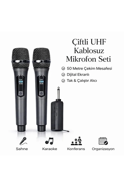Profesyonel Çiftli Kablosuz Mikrofon Seti Karaoke Şarj Edilebilir 50 Metre