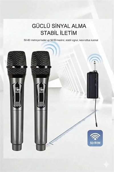 Profesyonel Çiftli Kablosuz Mikrofon Seti Karaoke Şarj Edilebilir 50 Metre