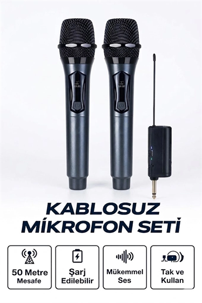 Profesyonel Çiftli Kablosuz Mikrofon Seti Karaoke Şarj Edilebilir 50 Metre