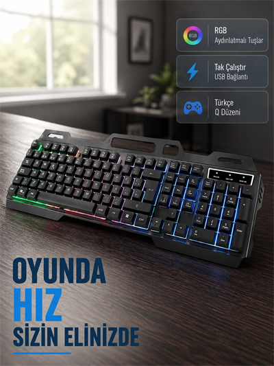 Profesyonel Oyuncu Klavye Mouse Seti – RGB Işıklı, Türkçe Q, DPI Ayarlı, Dayanıklı Gövde