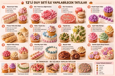 Profesyonel Pastalar İçin Tam Donanımlı 12li Dekorasyon Seti (Paslanmaz Çelik Duy Seti)