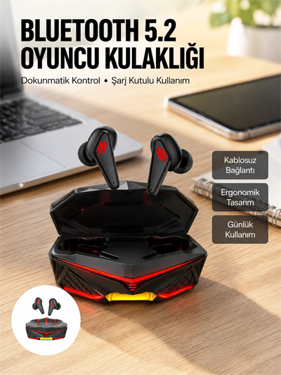 Profesyonel TWS Işıklı Kablosuz Bluetooth Kulaklık Oyuncu Kulaklığı Yeni Nesil