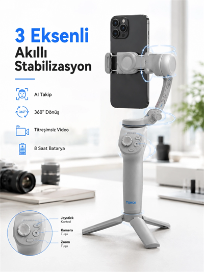 Profesyonel Telefon Gimbal Stabilizer 3 Eksen Sabitleme Çoklu Çekim Modları Uzun Pil Ömürlü Taşınabilir Tasarım