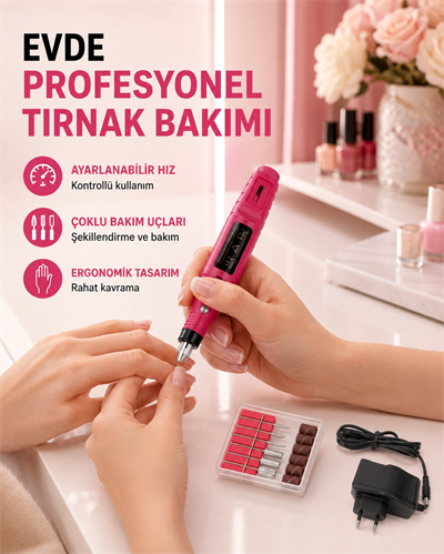 Profesyonel Tırnak Matkap Makinesi – USB Şarjlı, Ayarlanabilir Hız, Düşük Titreşimli ve Sessiz Çalışma