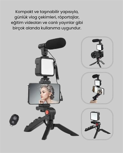 Profesyonel Vlog Çekim Kiti LED Işıklı Tripod Mikrofonlu Telefon Seti