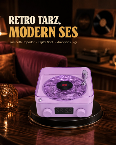 Projektör Işıklı Retro Hoparlör Bluetooth AUX USB Hafıza Kartlı 360° Sesli Şarjlı