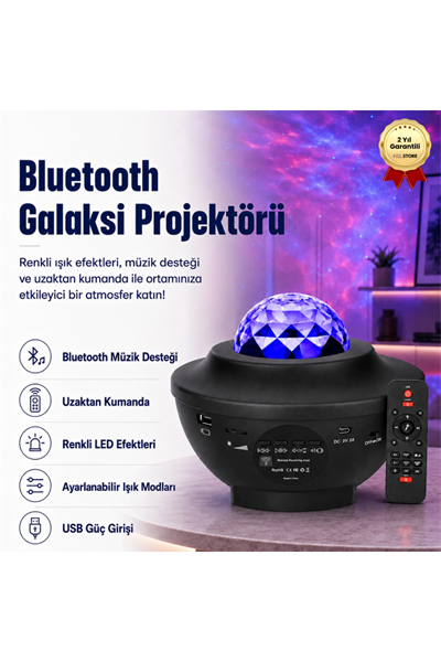 Projektör Özellikli Bluetooth Hoparlör ve RGB LED Işıklı Gece Lambası, Siyah Renk