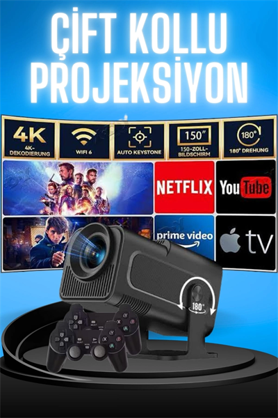 Projektör Siyah Android Taşınabilir Sinema Projeksiyon Wifi Destekli En Güncel Sürüm Akıllı