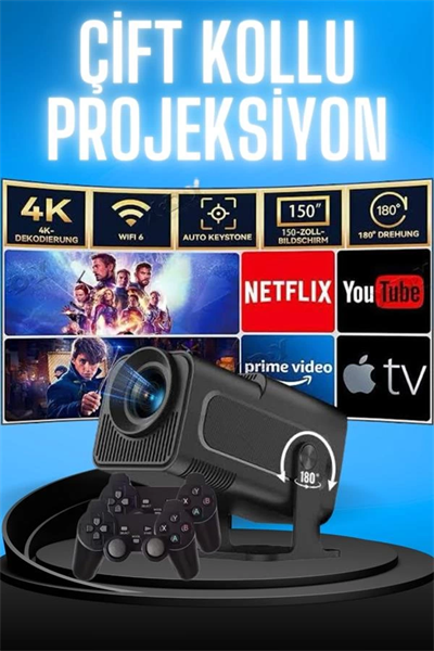 Projektör Siyah Android Taşınabilir Sinema Projeksiyon Wifi Destekli En Güncel Sürüm Akıllı