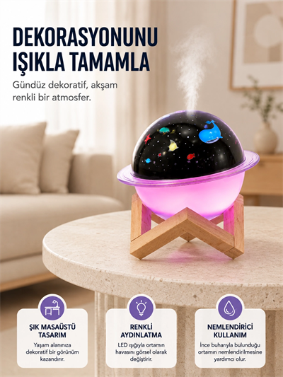 Projektör ışıklı, aromaterapi uyumlu mini masaüstü hava nemlendirici cihaz