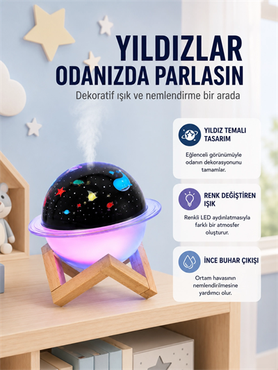 Projektör ışıklı ve aromaterapi destekli taşınabilir nemlendirici cihaz USB bağlantılı
