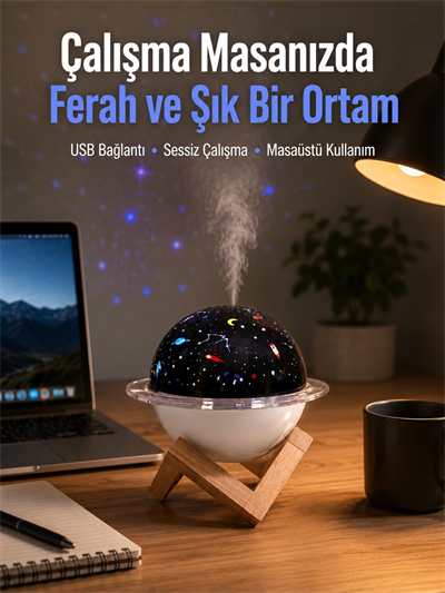 Projektör ışıklı ve aromaterapi destekli taşınabilir nemlendirici cihaz USB bağlantılı