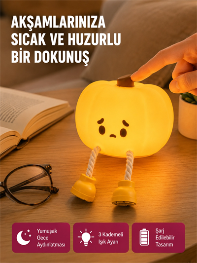 Pumpkin LED Gece Lambası Üç Kademeli Işık Ayarlı Yeni Nesil