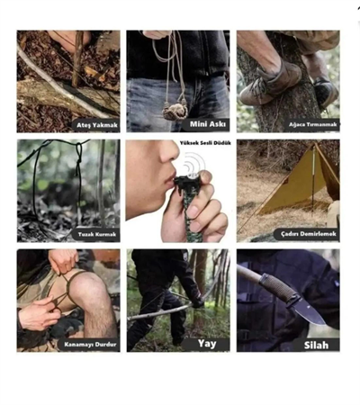 Pusula Fenerli Yüksek Desibel Düdüklü Hayatta Kalma Kamp Bilekliği - Haki