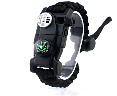 Pusula Fenerli Yüksek Desibel Düdüklü Hayatta Kalma Kamp Bilekliği - Siyah