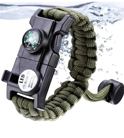 Pusula Fenerli Yüksek Desibel Düdüklü Hayatta Kalma Kamp Bilekliği - Haki