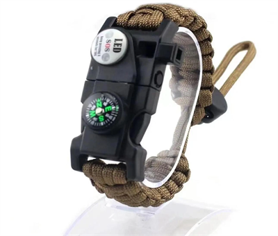Pusula Fenerli Yüksek Desibel Düdüklü Hayatta Kalma Kamp Bilekliği - Kahverengi