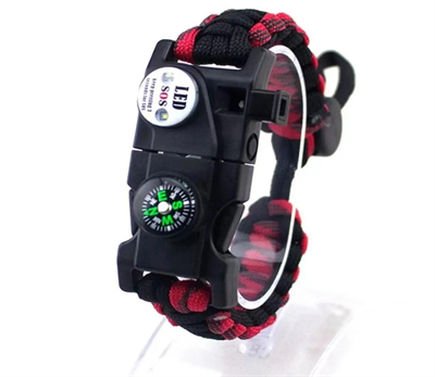 Pusula Fenerli Yüksek Desibel Düdüklü Hayatta Kalma Kamp Bilekliği - Kırmızı