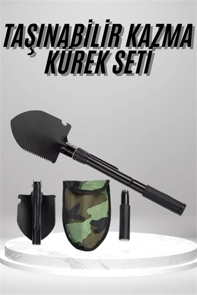 Pusulalı Katlanabilen Portatif Çantalı Mini Kazma Kürek Seti
